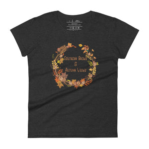 womens fitted heather dark grey t-shirt with image phrase southern brew and autumn vibes in brown and gold  font, with image graphic of a fall leaf wreath, coffee beans, fall colored leaves