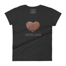 Load image into Gallery viewer, womens fitted heather dark grey t-shirt with image phrase coffee lover in brown font, with image graphic of a heart shape half filled with whole coffee beans, half filled with ground coffee
