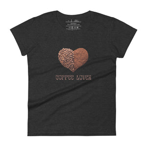 womens fitted heather dark grey t-shirt with image phrase coffee lover in brown font, with image graphic of a heart shape half filled with whole coffee beans, half filled with ground coffee