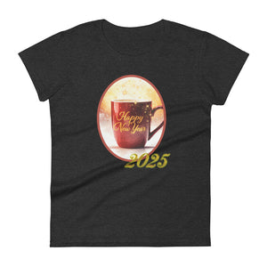 Womens fitted heather dark grey t-shirt with image phrase happy new year 2025, with image design of a bright red coffee cup surrounded with golden sparkles, with smoky bright reddish yellow hues in the background.