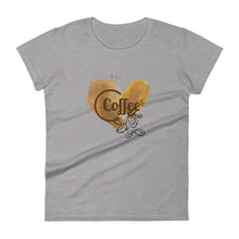 Load image into Gallery viewer, womens fitted heather grey t-shirt with image phrase coffee time in brown font, with image graphic of a heart shaped coffee stain, coffee beans
