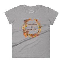 Load image into Gallery viewer, womens fitted heather grey t-shirt with image phrase southern brew and autumn vibes in brown and gold  font, with image graphic of a fall leaf wreath, coffee beans, fall colored leaves
