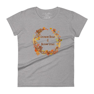 womens fitted heather grey t-shirt with image phrase southern brew and autumn vibes in brown and gold  font, with image graphic of a fall leaf wreath, coffee beans, fall colored leaves