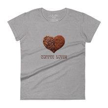 Load image into Gallery viewer, womens fitted heather grey t-shirt with image phrase coffee lover in brown font, with image graphic of a heart shape half filled with whole coffee beans, half filled with ground coffee
