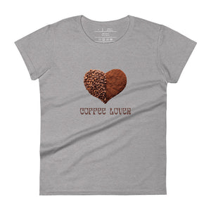 womens fitted heather grey t-shirt with image phrase coffee lover in brown font, with image graphic of a heart shape half filled with whole coffee beans, half filled with ground coffee