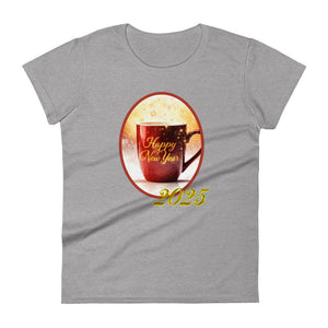 Womens fitted heather grey t-shirt with image phrase happy new year 2025, with image design of a bright red coffee cup surrounded with golden sparkles, with smoky bright reddish yellow hues in the background.