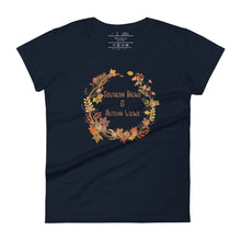 Load image into Gallery viewer, womens fitted navt t-shirt with image phrase southern brew and autumn vibes in brown and gold  font, with image graphic of a fall leaf wreath, coffee beans, fall colored leaves
