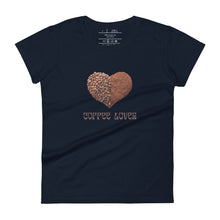 Load image into Gallery viewer, womens fitted navy blue t-shirt with image phrase coffee lover in brown font, with image graphic of a heart shape half filled with whole coffee beans, half filled with ground coffee
