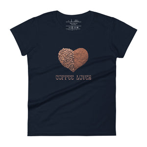 womens fitted navy blue t-shirt with image phrase coffee lover in brown font, with image graphic of a heart shape half filled with whole coffee beans, half filled with ground coffee