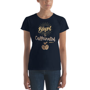 Woman modeling womens fitted navy t-shirt with image phrase blessed and caffeinated, with image graphic of words in coffee oriented hues, coffee beans, brown small hearts