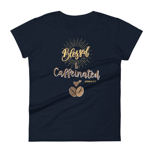 Womens fitted navy t-shirt with image phrase blessed and caffeinated, with image graphic of words in coffee oriented hues, coffee beans, brown small hearts