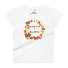 Load image into Gallery viewer, womens fitted white t-shirt with image phrase southern brew and autumn vibes in brown and gold  font, with image graphic of a fall leaf wreath, coffee beans, fall colored leaves
