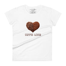 Load image into Gallery viewer, womens fitted white t-shirt with image phrase coffee lover in brown font, with image graphic of a heart shape half filled with whole coffee beans, half filled with ground coffee
