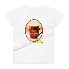 Load image into Gallery viewer, Womens fitted white t-shirt with image phrase happy new year 2025, with image design of a bright red coffee cup surrounded with golden sparkles, with smoky bright reddish yellow hues in the background.
