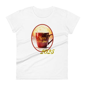 Womens fitted white t-shirt with image phrase happy new year 2025, with image design of a bright red coffee cup surrounded with golden sparkles, with smoky bright reddish yellow hues in the background.