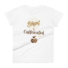 Load image into Gallery viewer, Womens fitted white t-shirt with image phrase blessed and caffeinated, with image graphic of words in coffee oriented hues, coffee beans, brown small hearts
