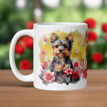 Load image into Gallery viewer, Left side view of a white glossy mug featuring a Yorkie puppy sitting among colorful flowers with a yellow background and butterflies completing the scene.
