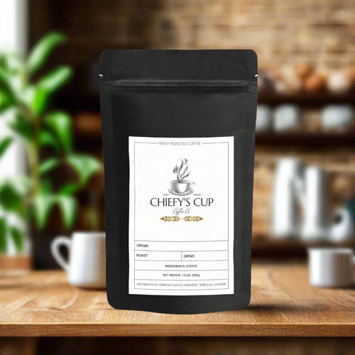 Holiday Blend medium roast coffee with nutty and spicy undertones, in black bag with store logo