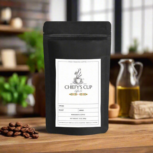 Hazelnut Coffee, medium roast flavored coffee with nutty undertones, black bag with image of store logo 