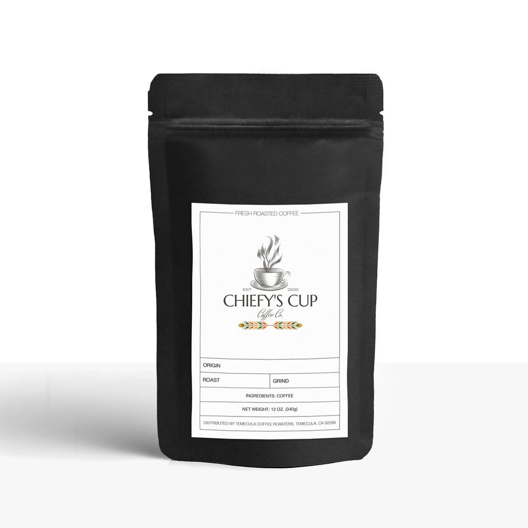  Ethiopia Natural medium light roast coffee with chocolate, fruity notes, and caramel undertones, in black bag with store logo