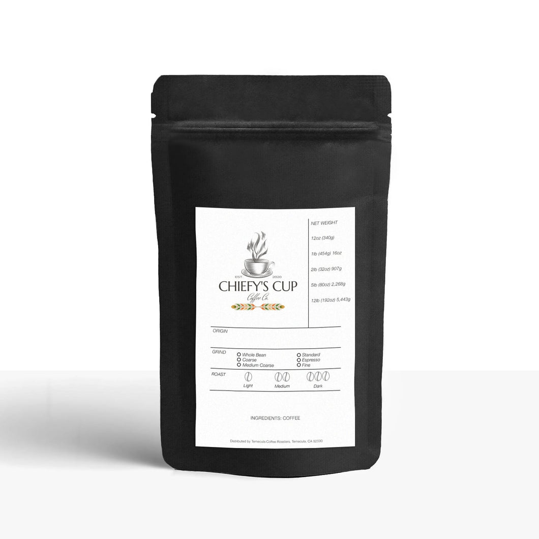 Half Caf coffee, decaf-caffeinated blend coffee, in black bag with store logo