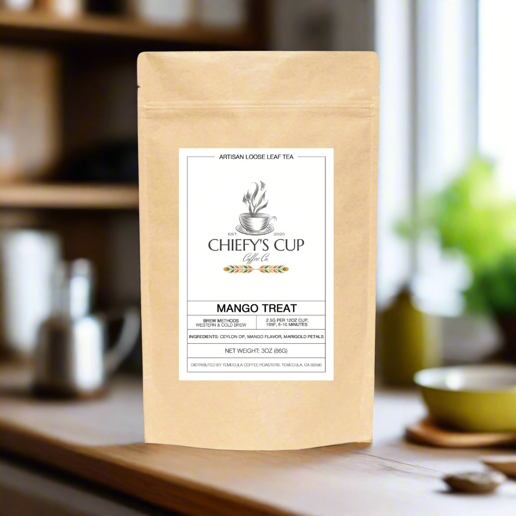 Mango Treat loose leaf tea in tan bag with store logo