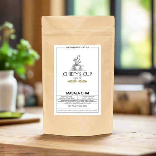 Masala Chai Tea loose leaf tea in tan bag with store logo