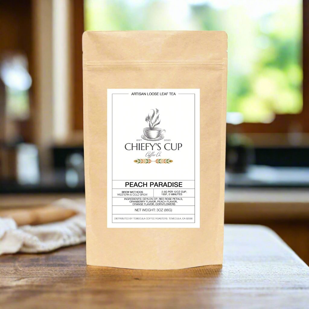 Peach Paradise loose leaf tea in tan bag with store logo