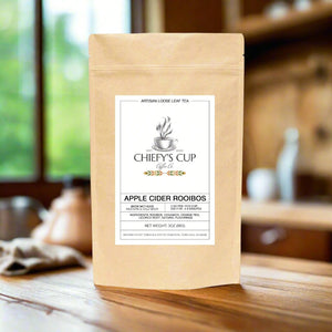 Apple Cider Rooibos tea blend from Africa, spicy sweet herbal blend, caffeine free, in tan bag with store logo