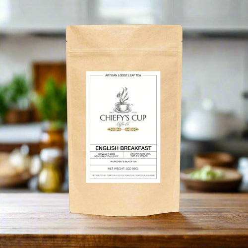 English Breakfast tea with traditional English breakfast flavors in a tan bag with store logo