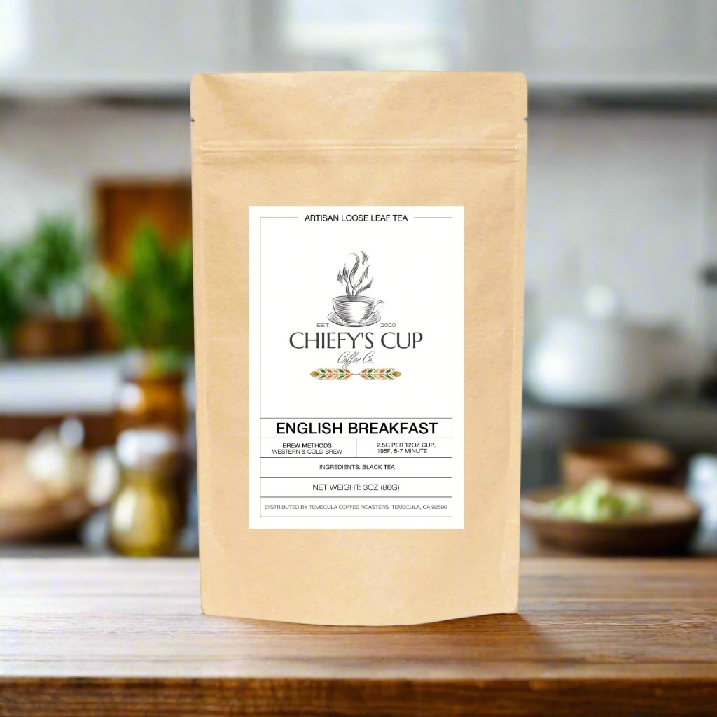 English Breakfast tea with traditional English breakfast flavors in a tan bag with store logo