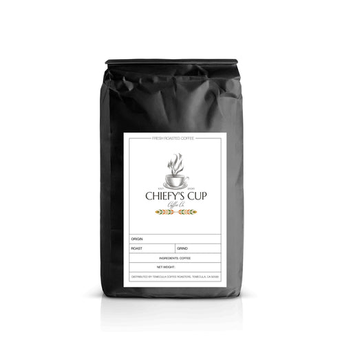 6 Bean Blend, dark roast house blend, meticulously crafted coffee from around the world, packaged in a black bag